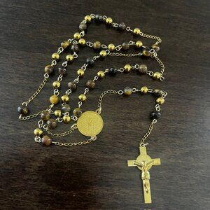 Rosary Genuine Tiger Eye Beads Gold Tone Stainless Steel NWOT